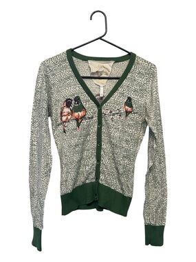 Knitted Dove Green Bird Print V-Neck Cardigan Sweater Size Small